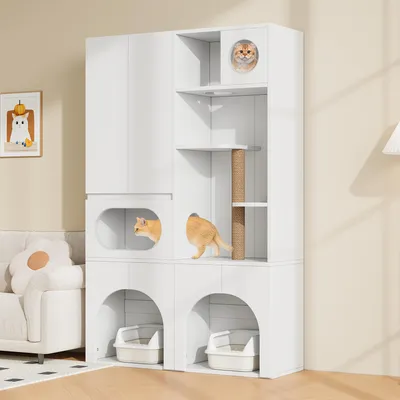 Produktbild von STILVORA Katzentoilettenschrank für 2 Katzentoiletten, Haustierschrank mit Kratzsäule und Ruhebereich, Haustier-Aufbewahrungsschrank für Katzen und Hunde Weiß