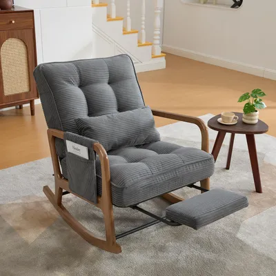 Produktbild von Loungesessel mit Fußstütze,Cord-Sessel mit Seitentaschen, ergonomischer Freizeitstuhl mit Lendenkissen & verstellbarer Lehne ,für Wohnzimmer, Grau