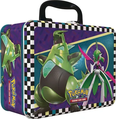 A Pokémon trading card game collector's tin featuring two Pokémon characters.