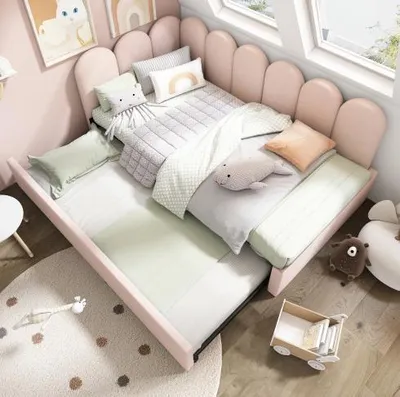 Zdjęcie produktu dla Łóżko tapicerowane Daybett 90x200 cm z wysuwanym łóżkiem 90x190 cm, rozkładana sofa z listwowym stelażem, aksamit różowy, bez materaca