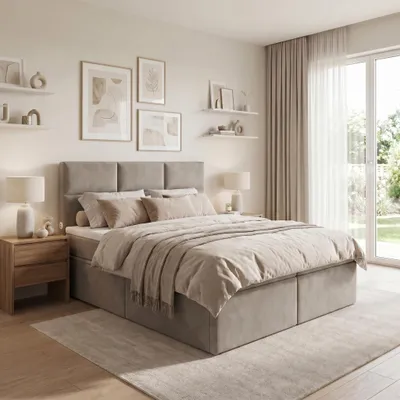 Produktbild von ELVORA DESIGNE Boxspringbett 180x200 cm SMARTCUBE mit Bonellmatratze H3 & Topper, 2 Schubladen, Beige, KI-generiertes Bild
