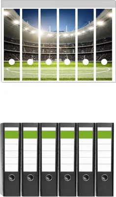 Produktbild von Wallario 6 Stück breite Ordner inkl. Klebeetiketten mit Motive Fußballstadion Mittellinie -  Set mit Rückenschildern / Ordnerrücken Stickern
