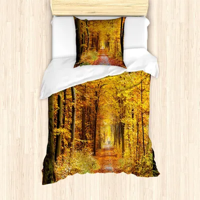 Produktbild von ABAKUHAUS Wald Bettbezug Set, Saisonlaub verlässt Büsche im Herbst färbt Landschaftsweg im Wald, 135 x 200 cm + 80 x 80 cm, Gelb und Braun