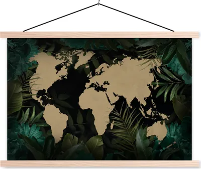 Produktbild von MuchoWow® Textilposter Weltkarte - Schwarz - Pflanzen 120x80 cm mit holzfarbenen Rahmen - Aufhängeset