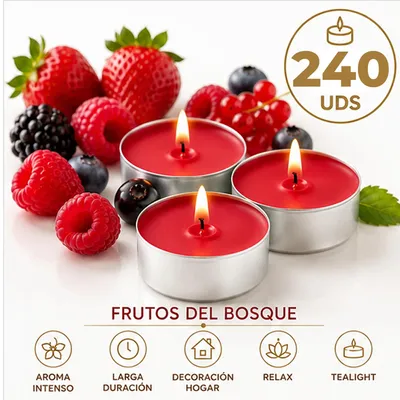 Zdjęcie produktu dla Świece zapachowe - świeczki tealight - opakowanie 240 sztuk - zapach lasu - wosk parafinowy - czas palenia: 4 godziny - wymiary: 11 x 38 mm