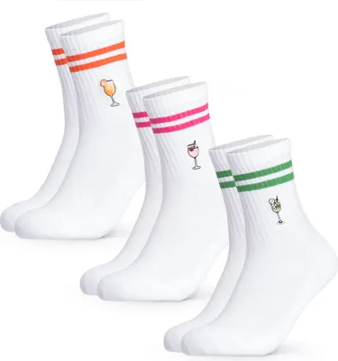 Three pairs of white ankle socks with colored stripes and drink illustrations.