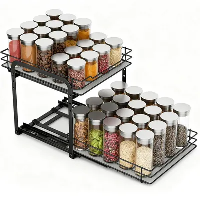 Produktbild von Gewürzregal Ausziehbar 2 Etagen Schrank Organizer Stahl Höhenverstellbar