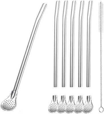 Produktbild von Set aus 6 Edelstahl-Strohhalmen, Wiederverwendbar, Spülmaschinenfest, 2-in-1 Strohhalm und Löffel, für