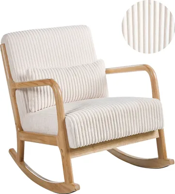 Produktbild von BELIANI Schaukelsessel Weiß Cord Gepolstert mit Holzarmlehnen Dicke Polsterung Niedrige Sitzhöhe Retro Vintage Wohnzimmer Schlafzimmer Flur Holzsessel