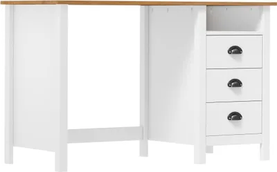 A white desk with a wooden top and three drawers on the right side, shown from a side view.