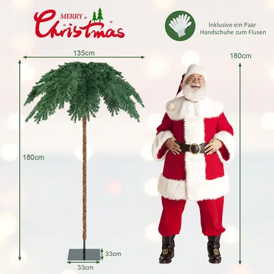 Image de COSTWAY Arbre de Noël artificiel 180 cm, Palmier de Noël LED avec 813 pointes de branches, 250 LED blanc chaud, structure à charnières & support, Palmier de Noël pour véranda, maison