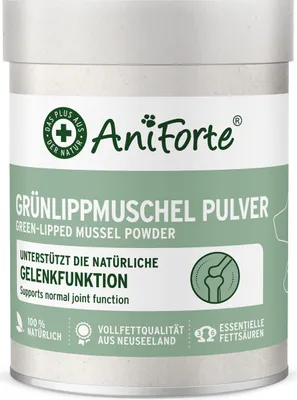 A product shot of a green and white cylindrical container of AniForte Green-Lipped Mussel Powder.