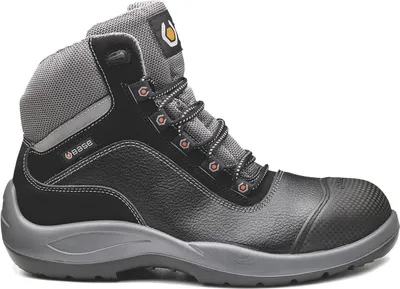 A single black and gray work boot is shown against a white background.