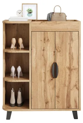 Produktbild von Schuhschrank - Holzoptik - Doppeltür und offene Fächer - Schmale platzsparende Bauweise - Oberes Ablagefach