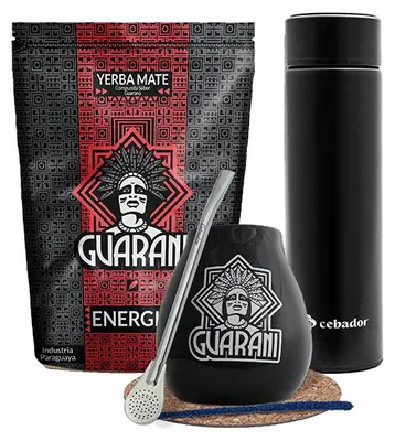 Produktbild von Guarani - Yerba Mate Tee Set Energia Guarana 500g - LED Thermoskanne 480ml - Mate Becher Keramik Schwarz 350ml - Bombilla - Rauchig - Paraguay