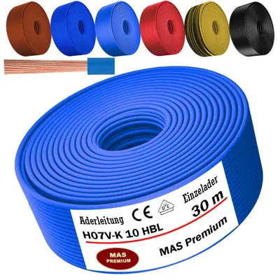 Image de Câble d'alimentation de 30 mètres, type H07 V-K, HBL, section 1x10 mm², de couleur bleu clair, monoconducteur, flexible