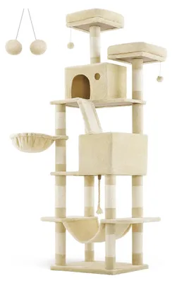 Zdjęcie produktu dla Kratzownik dla kotów w kolorze beżowym – wieża do wspinaczki – obita sizalem i pluszem – wymiary: 60 x 50 x 206 cm – stabilny