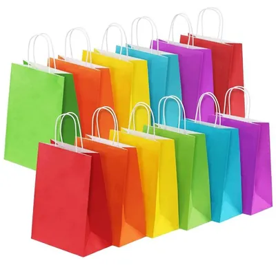 Produktbild von 30 Stück Kraftpapiertüten mit Henkel - Bunte Geschenktüten 21x15x8 cm