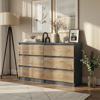 Image de BEAUTYSOFA | Commode LEMON 120 cm anthracite + Artisan, buffet à 6 tiroirs, meuble de rangement moderne pour chambre, salon et couloir