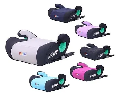 Multiple car booster seats in different colors are displayed against a white background.