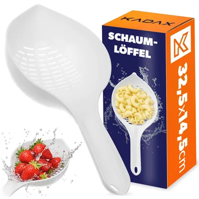 Obrázok produktu pre KADAX Sitko do kuchyne, 32,5 x 14,5 cm, plastové sitko s rukoväťou, sitko z plastu bez BPA, sitko na cestoviny, sitko na odkvapkávanie, plastové sitko, sitko na umývanie, šlabka, biela
