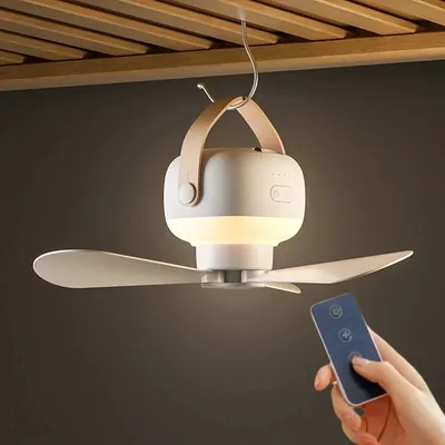 Produktbild von Prenosný stropný ventilátor 7200mAh s diaľkovým ovládaním a LED osvetlením, dobíjací kempingový ventilátor do stanu, chladiaci - biely 7200mAh