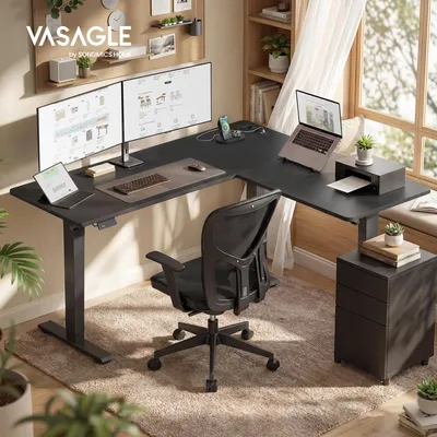 Produktbild von VASAGLE Höhenverstellbarer Schreibtisch, 160 cm, L-förm, Eckschreibtisch, 2 AC-Steckdosen, 2 USB-A-Anschlüsse, Ablage für Steckdosenleiste, KI-generiertes Bild