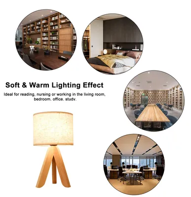 Obrázek produktu pro LED stolní lampa s dřevěnou základnou, stojací lampa s trojnožkou, vintage design, látkové stínidlo, vhodná do ložnice a obývacího pokoje, patice E27 (žárovka není součástí)