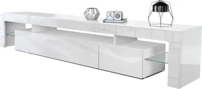 Produktbild von Vladon Lowboard Lima V2,  Germany, TV-Kommode mit 2 Klappen, 1 offenem Fach und 2 Glasablagen, Weiß Hochglanz/Weiß Hochglanz (189 x 38 x 35 cm)