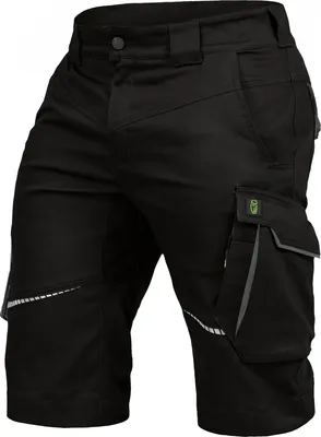 A pair of black work shorts with gray accents and reflective strips.