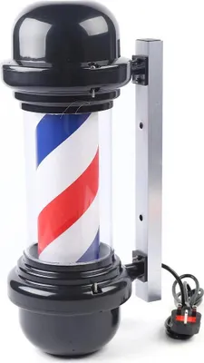 Produktbild von Barber Pole LED Leuchtschild - Friseursalon/Barbershop Wandschild - 50,8 cm - Drehend - Energiesparend - Polycarbonat - Schwarz mit Rot/Weiß/Blau Streifen
