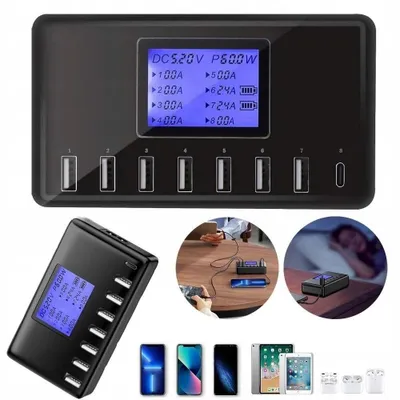 Produktbild von USB Ladegerät, 60W 8 Ports USB Ladestation 12A USB C mit LCD Display für mehrere Geräte schwarz