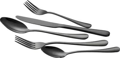 A set of black cutlery arranged diagonally on a white background.