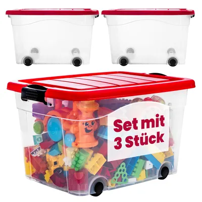Three transparent storage boxes with red lids and wheels, filled with colorful toys.