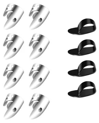 Immagine prodotto di Plettri per dita regolabili - 8 plettri in acciaio inossidabile argento e 4 plettri per pollice in plastica - Set per chitarra, banjo, arpa e basso