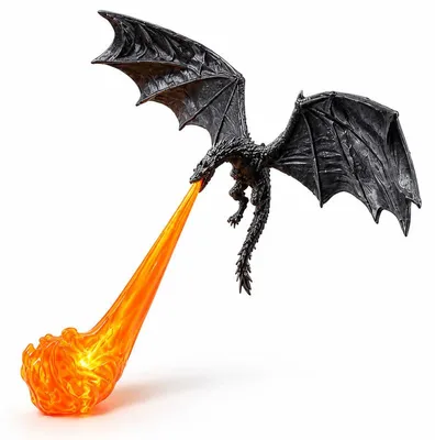 Produktbild von 3D-gedruckter Drache als Regal-Deko – feuerspeiend mit roter Flamme – Flügelspannweite 20 cm, schwarz – Drachenfigur für Fantasy-Liebhaber