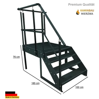 Produktbild von Podesttreppe Stahltreppe 4 Stufen Freistehend Höhe 76 cm inklusive Podest 100x100cm mit Geländer Anthrazit Ausrichtung Treppe Rechts Aussentreppe
