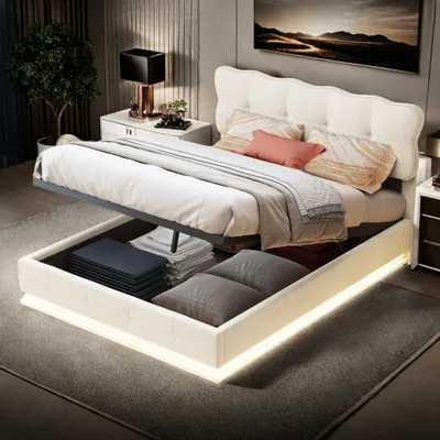 Obrázek produktu pro Čalouněná postel ProximaX 140x190 cm s plynovým zdvihem a LED osvětlením pod postelí, z béžového sametu, manželská postel s velkým úložným prostorem - moderní a elegantní design pro ložnice