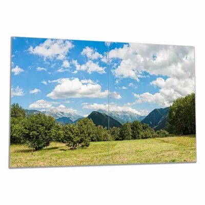 Produktbild von Wallario Herdabdeckplatte aus Glas, Größe 80 x 52 cm 2-teilig, Motiv Bergwiese in den Alpen