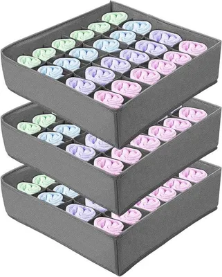 Zdjęcie produktu dla Zestaw 3 organizerów do szuflad Unyqoos® do skarpet i bielizny – 3 sztuki, każda z 24 przegródkami, wykonane z wysokiej jakości materiału filcowego, kolor: szary, wymiary: 10 x 32 x 32 cm