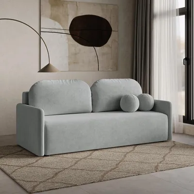 Produktbild von DEKORI Skandinavisches Sofa MALVA – 3-Sitzer Stoffsofa mit runden Kissen - WIND 89 (Dunkelgrau)