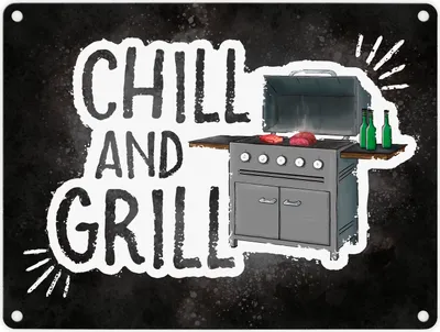 Produktbild von Chill and grill Metallschild mit Elektrogrill Motiv Fleisch Wurst Bier grillen