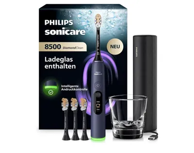 Zdjęcie produktu dla Philips DiamondClean 8500 HX8515 Soniczna szczoteczka do zębów, Dorosły, Soniczna szczoteczka do zębów, Delikatny, Pielęgnacja dziąseł, Głębokie czyszczenie, Wybielający, 62000 ruchów na minutę, Niebieski, 2 min, 4 x 30 sec