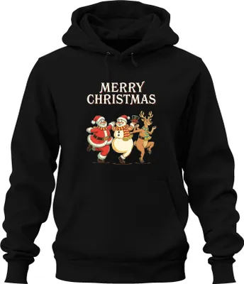 Produktbild von MERRY CHRISTMAS Weihnachtsmann Schneemann Rentier tanzend Vintage Uni Hoodie Kapuzenpullover, Schwarz, 3XL