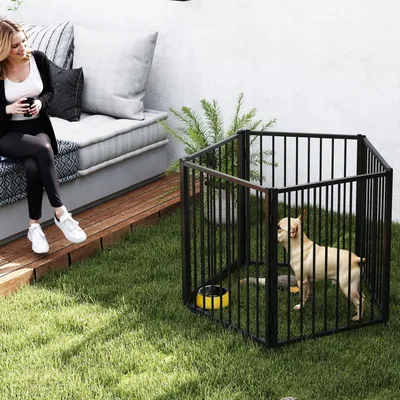 Produktbild von Sweiko Welpenlaufstall Welpenauslauf mit 5 Gitterplatten Tür faltbar Freilaufgehege für kleine und mittelgroße Hunde Schwarz