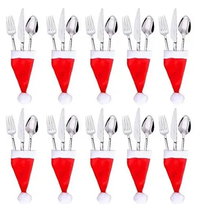 10er Set Bestecktaschen Weihnachtsmann-Mützen, 11,5x14,5 cm, rot-weiß