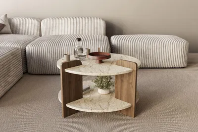 Obrázok produktu pre Skye Decor, moderný konferenčný stolík (70 x 45 x 70 cm), travertín a orech, 100 % melamínom potiahnutá drevotriesková doska | Dodávaný v rozloženom stave, ideálny do štýlových obývacích izieb a moderných interiérov.