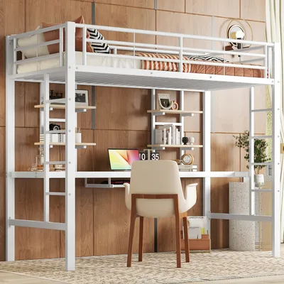 Produktbild von AIORBER Etagenbett, 90×200 cm, mit Treppe und Schreibtisch, zwei Bücherregale, stabil und langlebig, Hochbetten, für Schlafzimmer, Schlafsäle, Weiß