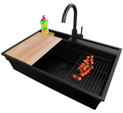 Produktbild von PRIMAGRAN Granitspüle Alles Schwarz 78x53cm, Spülbecken 1 Becken + Ablauf-Set + Küchenzubehörset, Küchenspüle ab 80er Unterschrank - Oslo Pocket