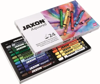 A box of Jaxon Aquarell water-soluble wax pastels is shown, with some pastels laid out in front of the box.